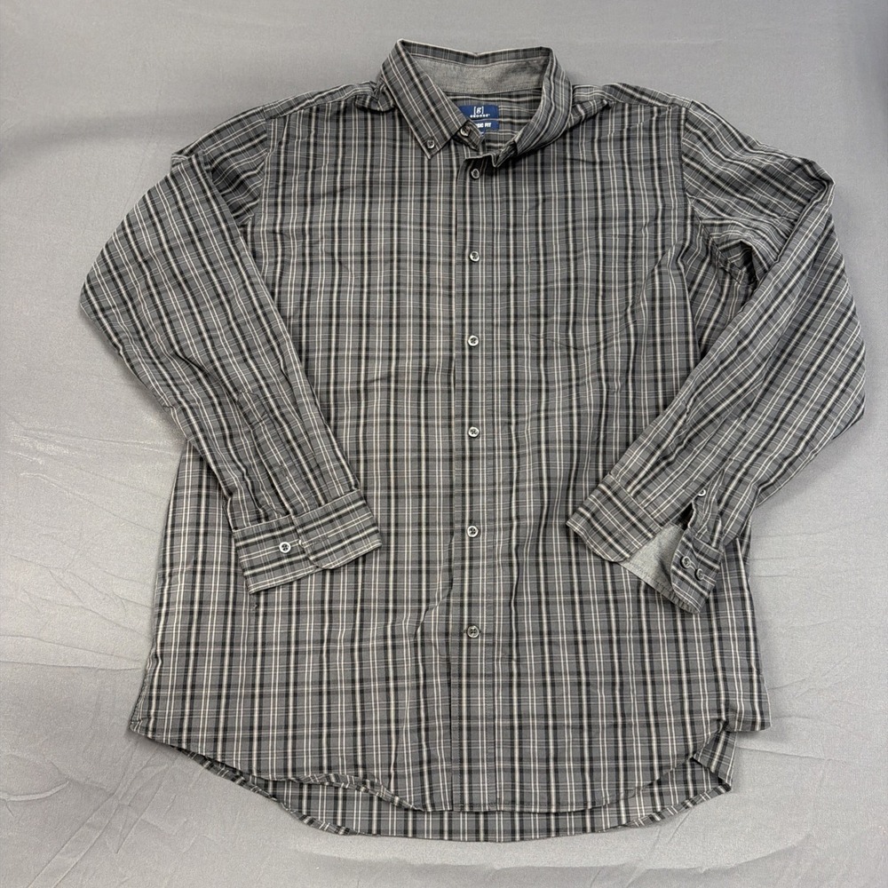 George Men's Black Plaid Long Sleeve Poplin Button-Up Shirt Size XL 46/48